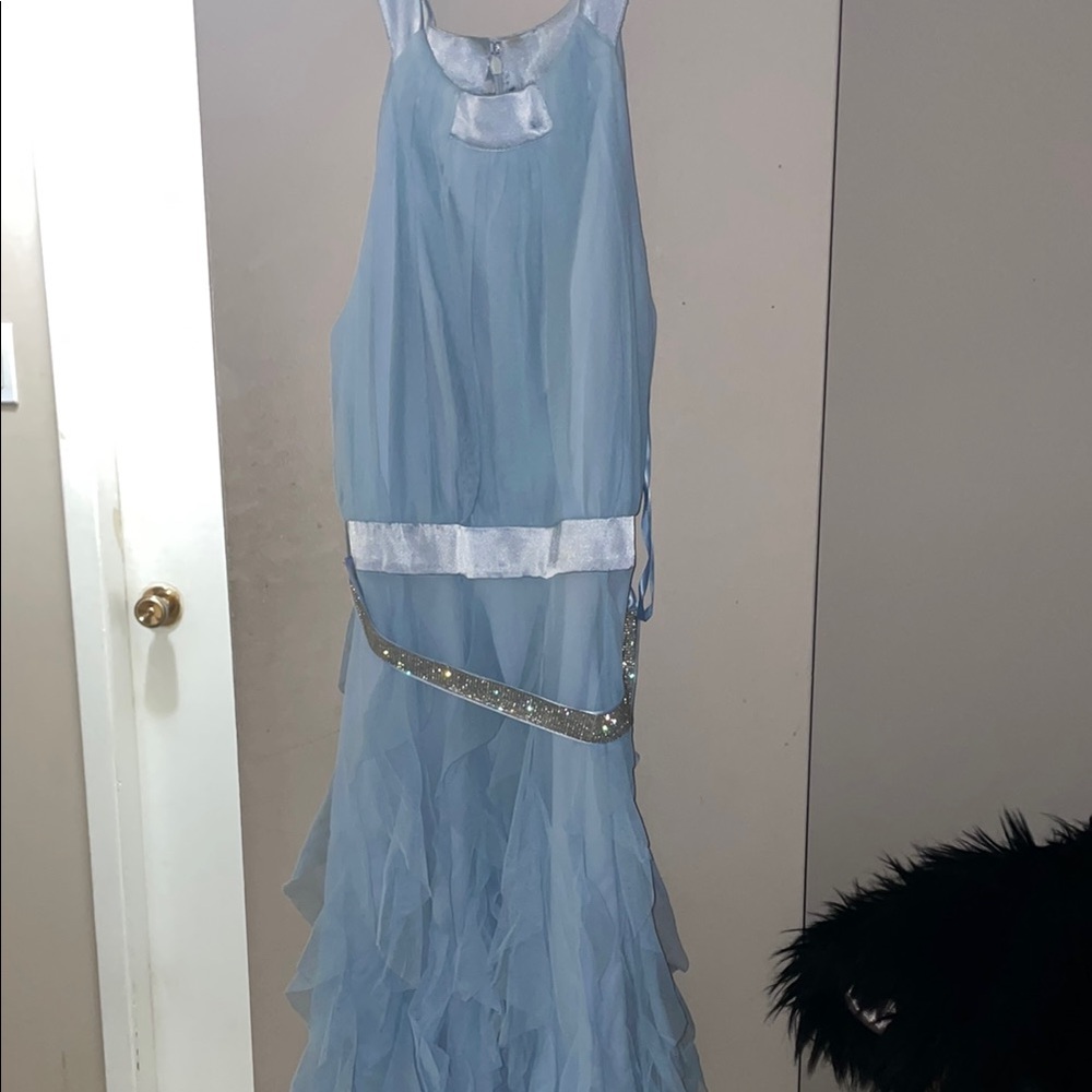 Prom Dress, Light Blue Layered Dress with Silver Accents & Matching Belt